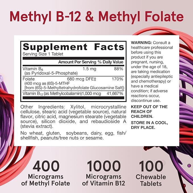 Jarrow Formulas Methyl B-12 1000MCG & Methyl Folate 400MCG,Extra Strength,Cellular Energy Metabolism & Cardiovascular Health Formula(1) With P-5-P,100Chewable Tabs,Up to a 100 Day Suppl,12Packs