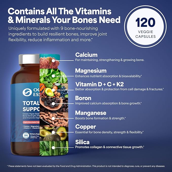 OCEAN ESSENCE Total Bone Support - Plant-Based Algae Calcium Supplement for Supporting Bone Density & Strength - for Men & Women 35+ - 120 Natural Calcium Capsules - Vitamins for Optimal Health
