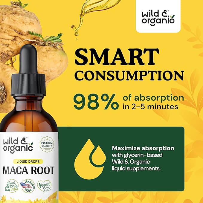 Wild & Organic Maca Root Drops for Women & Men - Supports Mood, Focus, Active Lifestyle - Alcohol Free Maca Tincture - Liquid Maca Root Supplement - Vegan, No Additives - 2 fl oz