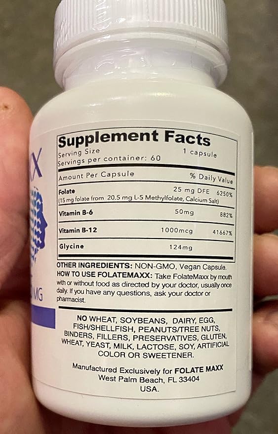 FolateMaxx L-Methylfolate + B12 Methylcobalamin Blend 15mg - 60 Capsules - Active Folic Acid & Methylated B12 - 5-MTHF & B12 Supplement for Men & Women - Non GMO, Gluten Free, No Fillers