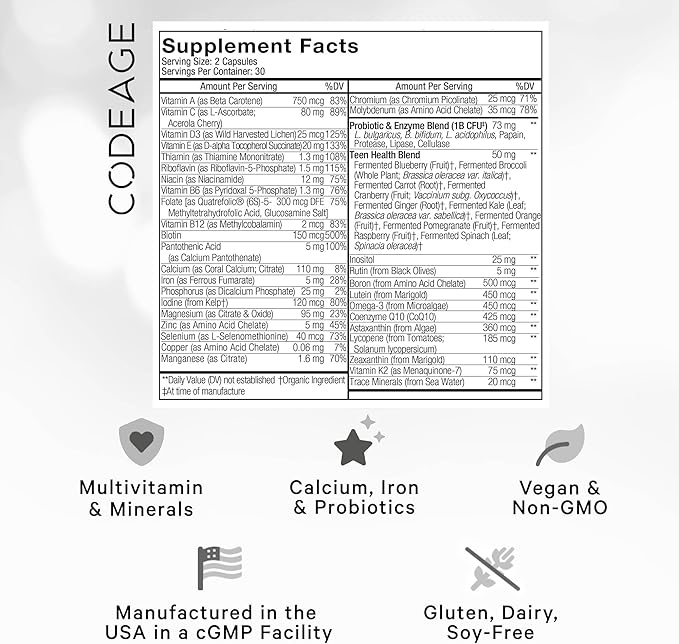 Codeage Teen’s Daily Multivitamin Supplement, 25+ Vitamins & Minerals for Teenage Boys & Girls, Organic Whole Foods Vitamins for Teenagers, Vitamin A, B Vitamins, Vitamin C, D, E, K, Omega-3, 2 Pack