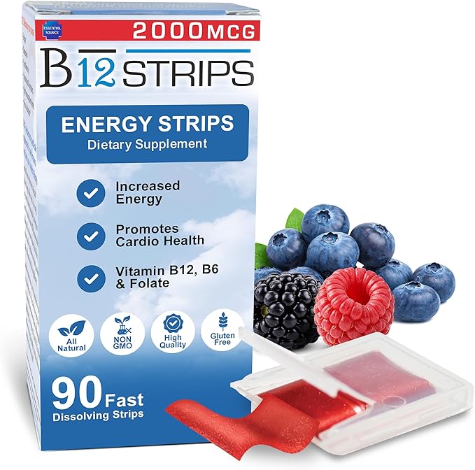 2,000 mcg Methylcobalamin Vitamin B12 Sublingual Energy Strips | Biotin, B6, 5-MTHF L-Methylfolate | Sublingual B12 Vitamins, Folate | Energy, Brain Health, Nerve Function - 90 Strips