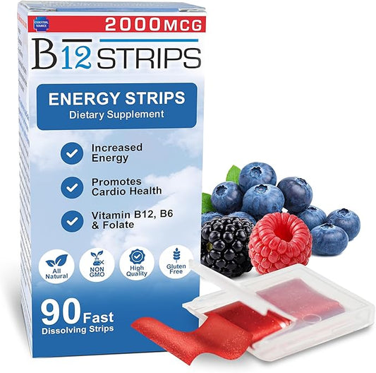 2,000 mcg Methylcobalamin Vitamin B12 Sublingual Energy Strips | Biotin, B6, 5-MTHF L-Methylfolate | Sublingual B12 Vitamins, Folate | Energy, Brain Health, Nerve Function - 90 Strips