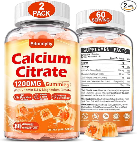 Calcium Citrate Supplement Gummies for Adult - Sugar Free Calcium Citrate 1200 Mg with Magnesium 300 Mg & Vitamin D3 - Organic Chewable Calcium Supplements for Women & Men