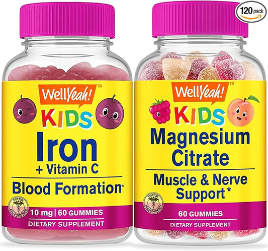 Iron + Vitamin C Kids + Magnesium Citrate Kids, Gummies Bundle - Great Tasting, Vitamin Supplement, Gluten Free, GMO Free, Chewable Gummy