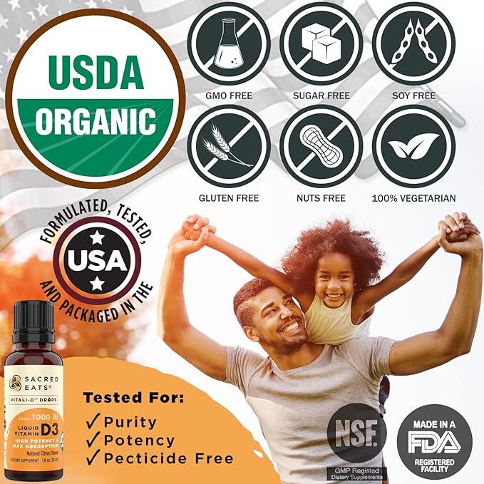 Organic Liquid Vitamin D Drops for Kids & Adults, Sugar Free. Easy to Use 1,000 IU/Drop in Coconut MCT Oil. Lasts Months, Best for High Doses. Max Absorption VIT D3 Supplement. Great Taste (Mint)
