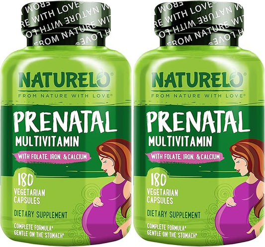 NATURELO Prenatal Multivitamin with Gentle Chelated Iron, Methyl Folate, Plant Calcium & Choline - Vegan, Vegetarian - Non-GMO - Gluten Free - 360 Capsules - 4 Month Supply