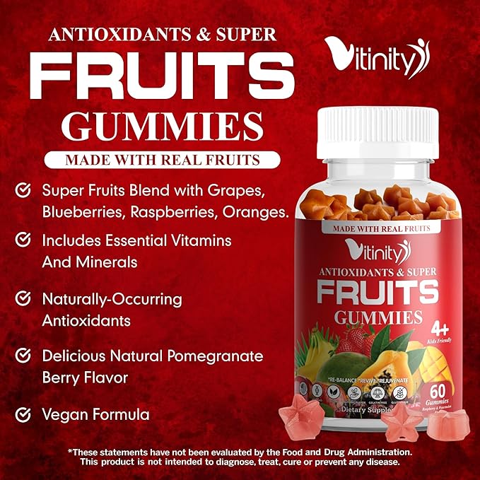 Made with Real Super Fruits Delicious Gummy Supplement,Men,Women & Kids(60 Chews),9 Superfruits,Fruit & Herbs,Superfruits Vitamins,Non-GMO,Pectin-Based,Gluten-Free,No More Pills-30 Day Supply