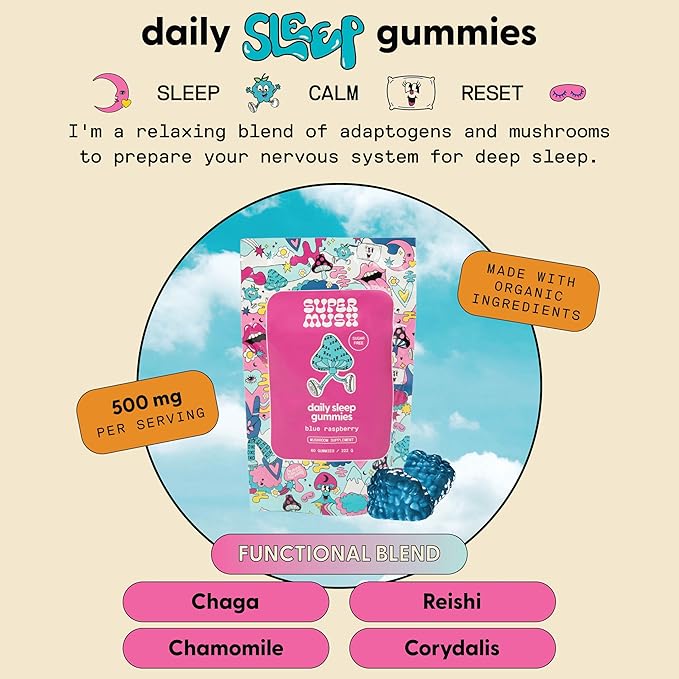 Sleep Gummies for Adults - Mushroom Supplement with Magnesium Citrate, L-Theanine, Chaga, Reishi & Chamomile for Deep Sleep, REM & Detox - Vegan & Sugar-Free - 60 Gummies (30 Servings)