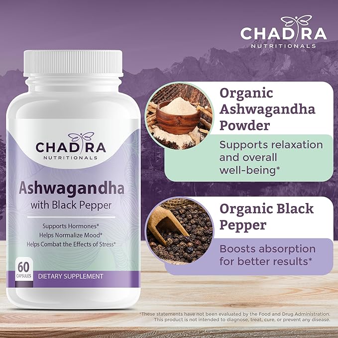 Ashwagandha Supplements - Contains Organic Ashwagandha & Black Pepper for Stress Management, Cognitive Supplement & Mood Support Supplement - Non-GMO, Gluten Free - 60 Capsules