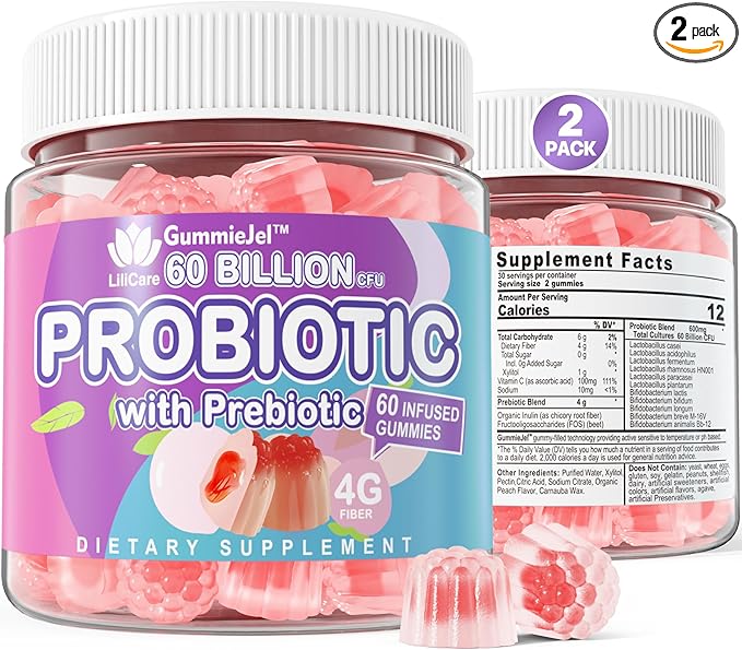 2Pack Probiotic + Prebiotics Gummies Sugar Free 60 Billion CFU, 11 Strains Probiotics Filled Gummies for Women Men Digestive Health and Gut Health, Supports Constipation, Diarrhea, Gas & Bloating