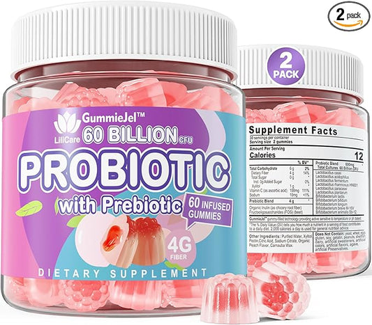 2Pack Probiotic + Prebiotics Gummies Sugar Free 60 Billion CFU, 11 Strains Probiotics Filled Gummies for Women Men Digestive Health and Gut Health, Supports Constipation, Diarrhea, Gas & Bloating