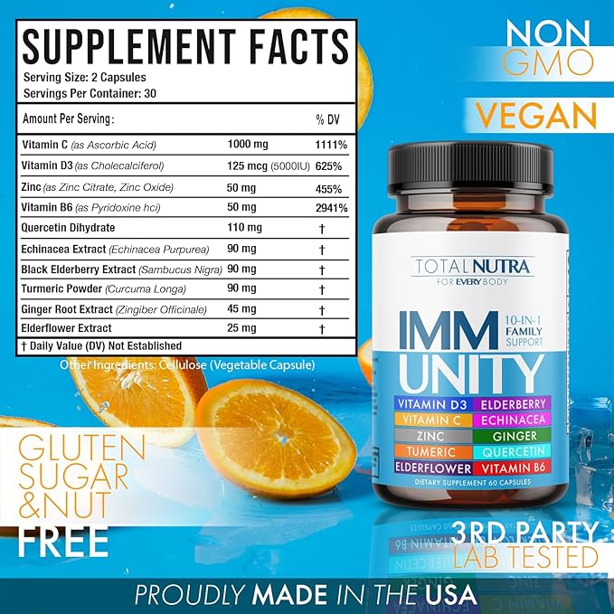 10-In-1 Immune Support Supplement: Immune Boosters for Adults & Kids Daily Immunity Defense with Key Immune System Vitamins Zinc, Vitamin C and D, Plus Elderberry, Quercetin, Echinacea & More, 60 Caps