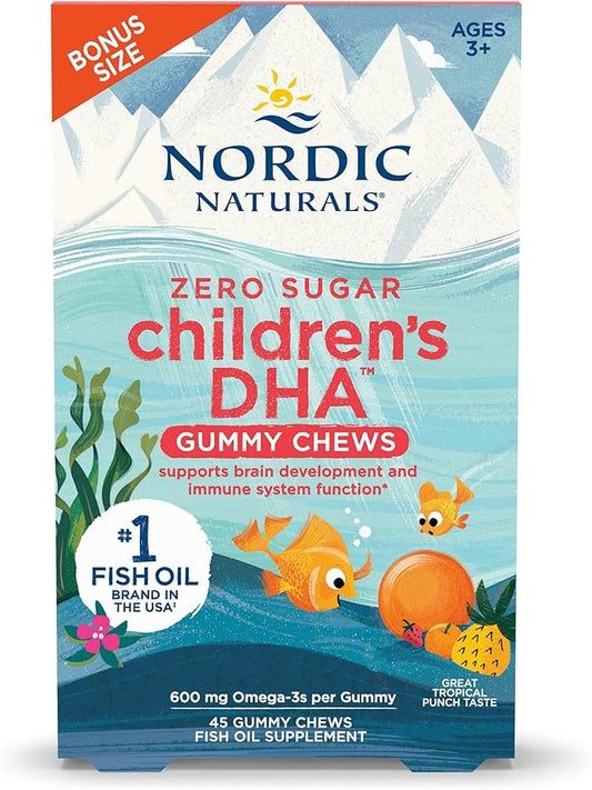 Nordic Naturals Zero Sugar Children’s DHA Gummy Chews, Tropical Punch - 45 Gummy Chews for Kids - 600 mg Total Omega-3s - Brain Development, Learning, Healthy Immunity - Non-GMO - 45 Servings