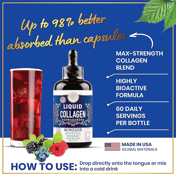WINDSOR BOTANICALS Liquid Collagen Ashwagandha and Melatonin Liquid - Sleep, Calm & Beauty Support Bundle
