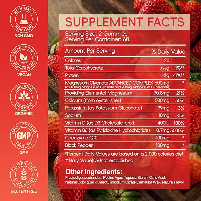 Magnesium Glycinate Gummies 600mg, Chewable Sugar Free Gummies with Magnesium Glycinate, Vitamin D, B6 and CoQ10 for Sleep, Relaxation, Brain and Muscle, 2 Pack