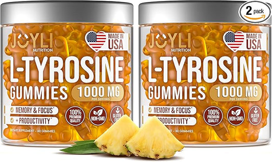 2 Pack - JOYLI L-Tyrosine Gummies 1000MG – Sugar-Free Vegan Focus Supplement & Mood Support Gummies for Kids & Adults – 500mg Per Gummy – Sleep Gummies for Memory, Energy & Wellness – 60 Pcs per Pack