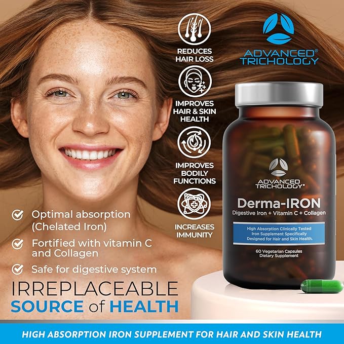 Advanced Trichology Derma-Iron Supplement for Women and Men - Iron Blood Builder Pills for Hair and Skin with Collagen and Natural Vitamin C, Low ferritin, thinning, Hair Loss Support