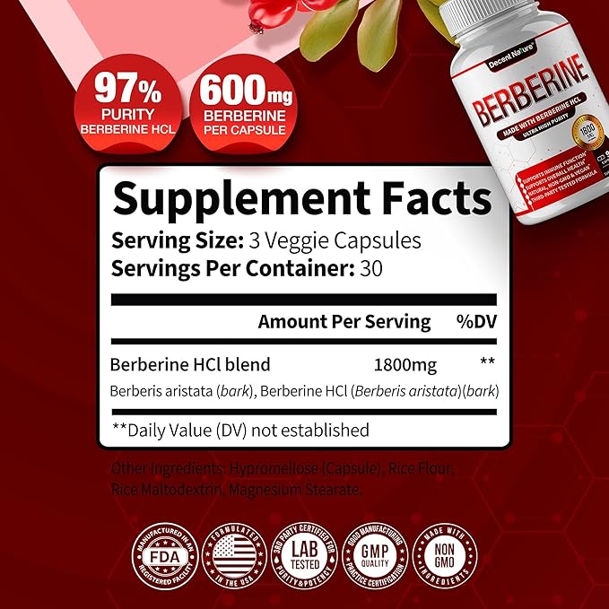 Berberine Supplement 1800mg - Premium Berberine HCl 97% High Purity Berberine Plus, Supports Immune System, High Potency Berberine Hydrochloride, Non-GMO Vegan, for Men Woman 90 Capsules
