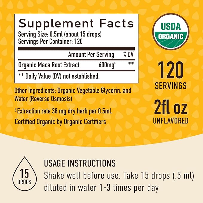 Maca Root Liquid Drops for Organic Energy Support for Women & Men | 2 Fluid Ounces | Support Hormone Balance, Mood, Energy & Fitness | Organic Maca Root for Women & Men | 4-Month Supply, 120 Servings