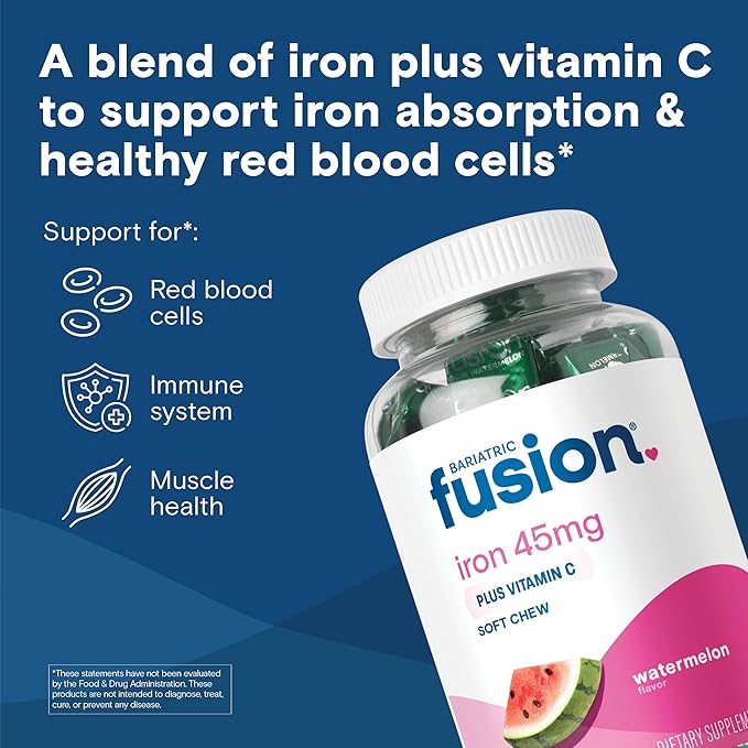 Bariatric Fusion Iron Supplement for Women Anemia | Chewable Iron with Vitamin C | Watermelon Flavored Soft Chew | Gentle on Stomach Ferrous Fumarate for Women and Men | Gluten Free | 60 Count