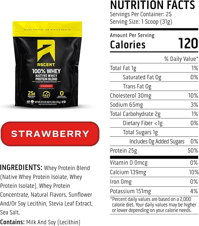 Ascent 100% Whey Protein Powder - Post Workout Whey Protein Isolate, Zero Artificial Flavors & Sweeteners, Gluten Free, 5.5g BCAA, 2.6g Leucine, Essential Amino Acids, Strawberry 1.7 lb