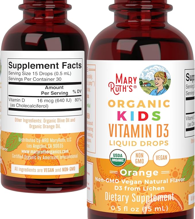 MaryRuth Organics USDA Organic Vitamin D3 Liquid Drops for Kids | 640 IU Vitamin D3 Per Serving | Kids Immune Support & Bone Health Supplement | Formulated for Ages 4-13 | 0.5oz | 30 Servings