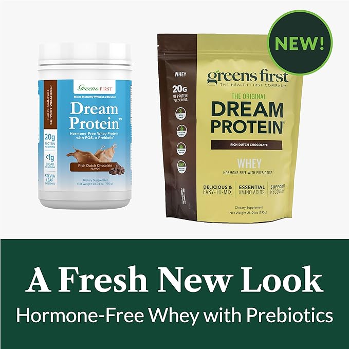 Greens First Dream Protein Powder Whey - 20g Protein Per Serving - Hormone-Free with Prebiotics - Non-GMO - No Artificial Sweeteners/MSG/Aspartame (Rich Dutch Chocolate, 28.04 oz)