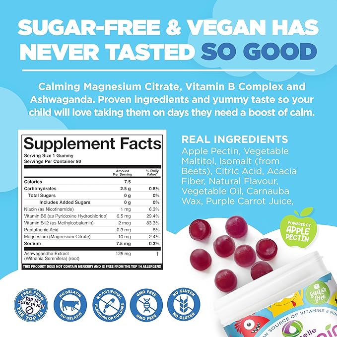 NUTRAMIN Kids Mood Boost Vegam Vitamin Gummy: Calming Magnesium Citrate Supplement for Children with Ashwagandha & Vitamin B Complex to Relax & Focus - Sugar-Free, Allergy-Safe, Non-GMO 90 ct
