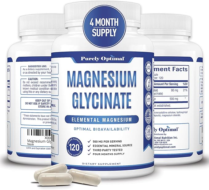 Purely Optimal Magnesium Glycinate 500mg - Premium Non-Buffered Supplement for Sleep, Calm & Muscle Function Support, 120 Easy-to-Swallow Capsules - High Absorption & Gentle on Stomach