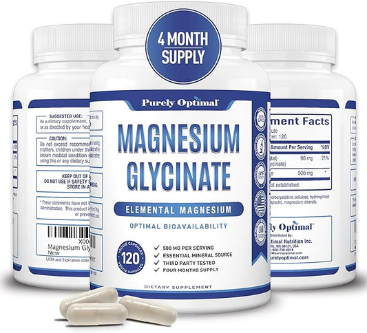 Purely Optimal Magnesium Glycinate 500mg - Premium Non-Buffered Supplement for Sleep, Calm & Muscle Function Support, 120 Easy-to-Swallow Capsules - High Absorption & Gentle on Stomach