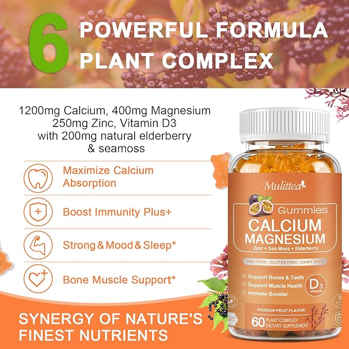 Calcium Gummies with D3,Zinc - Plant Complex Calcium Magnesium Supplement with Glycinate,Potassium,Vitamin C &Whole Natural Food for Bone & Immune Support- Chewable Gummy Sugar-Free -(1pack)