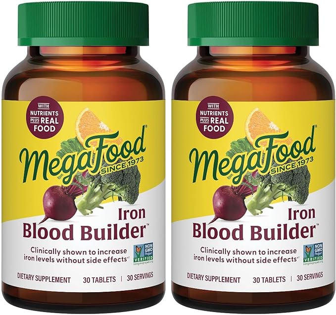 MegaFood Blood Builder - Iron Supplement Shown to Increase Iron Levels Without Nausea or Constipation - Energy Support with Iron, Vitamin B12, and Folic Acid - 30 Tablets (Pack of 2)