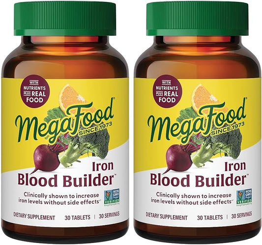 MegaFood Blood Builder - Iron Supplement Shown to Increase Iron Levels Without Nausea or Constipation - Energy Support with Iron, Vitamin B12, and Folic Acid - 30 Tablets (Pack of 2)
