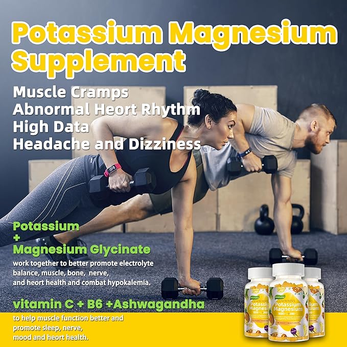 Potassium Magnesium Gummies,High Absorption Magnesium Glycinate,B6,D3,Potassium Citrate for Leg Cramps,Muscle,Electroyte for Adults Kids,Sugar-Free, 60 Gummies (Pineapple)