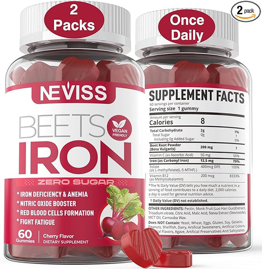 Beet Root Gummies with Iron, Methyl B12, Folate, Vitamin C, Increase Nitric Oxide & Iron Levels, Energy Support, Fight Fatigue, Beetroot & Gentle Iron Supplement for Women Men, Sugar Free, 120 Counts