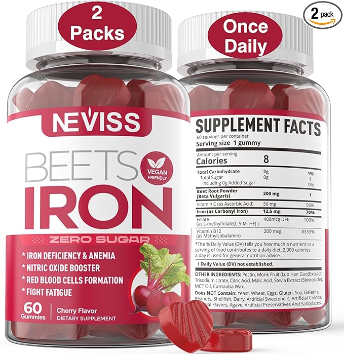 Beet Root Gummies with Iron, Methyl B12, Folate, Vitamin C, Increase Nitric Oxide & Iron Levels, Energy Support, Fight Fatigue, Beetroot & Gentle Iron Supplement for Women Men, Sugar Free, 120 Counts