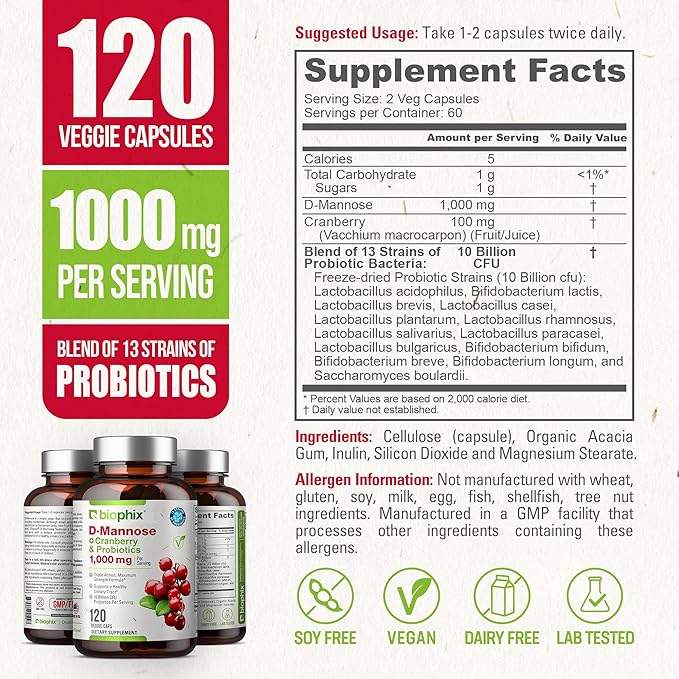 biophix D-Mannose 1000mg Capsules with Cranberry & Probiotics - D Mannose Supplements for Women - D-Mannose Pills for Urinary Tract & Bladder Health Support - Digestive Well-Being - 120 Vcaps