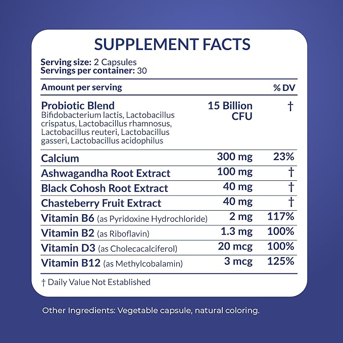 Natural Menopause Supplements for Women - Perimenopause Supplements for Hormonal Balance, Bloating & Mood Swings | Hot Flashes Menopause Relief w/Probiotics & Prebiotics, Black Cohosh & Chasteberry