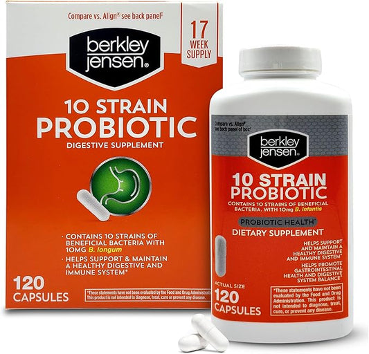 Berkley Jensen Natural 10 Strain Probiotic Supplement Capsules with 10mg B. Longum, Loaded with Live Strains & Beneficial Gut Flora, for Digestive & Immune Health - 17-Week Supply, 120 Ct