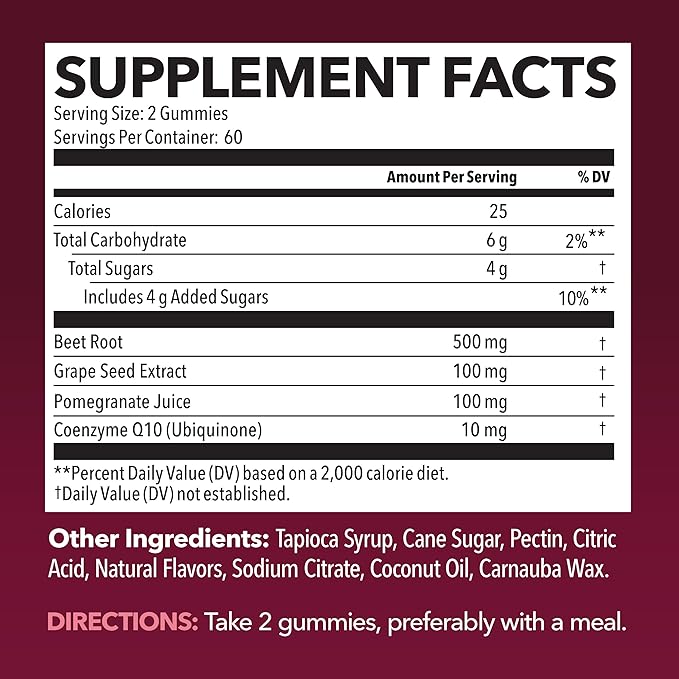 Beet Root Gummies with COQ10 & Pomegranate - Nitric Oxide Supplement for Men and Women - Endurance, Performance, Recovery - Vegan, Non-GMO, Gluten Free - Mixed Berry Flavor, 2 Month Supply