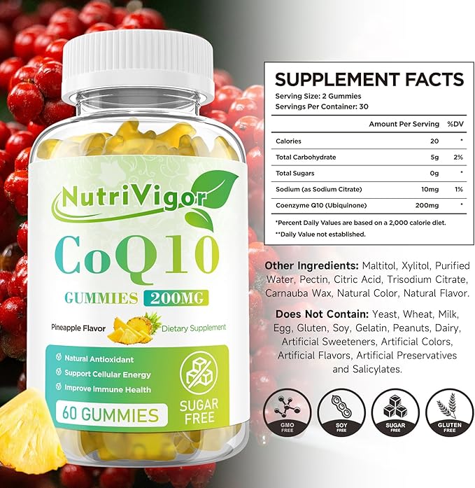 CoQ10 Gummies, Coenzyme Q10 Supplement 200 mg, High Absorption CoQ10 Supplement for Cellular Energy and Immune Health, Vegan, Gluten Free, Pineapple Flavor, 60 Count
