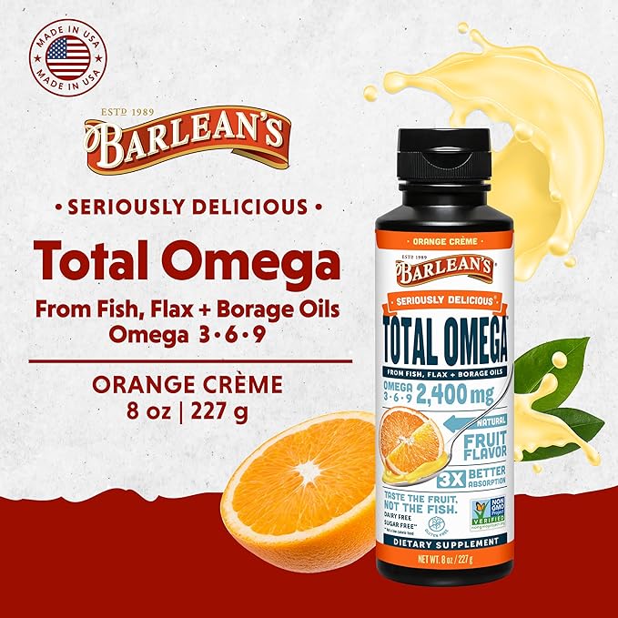 Barlean's Total Omega 3 6 9 Orange Crème Liquid Fish Oil Supplement with Borage and Flaxseed Oil, 2,400 mg of Omegas EPA and DHA Plus GLA for Joint and Heart Health, 8 oz