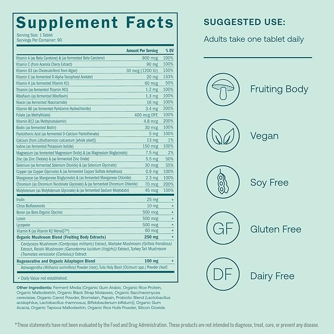 True Grace One Daily Men’s Multivitamin Fermented Minerals, Organic Adaptogens & Mushrooms Whole Body Balance Immune, Endurance, Bone & Heart Support - Non-GMO, Gluten Free - 90 Vegan Tablets