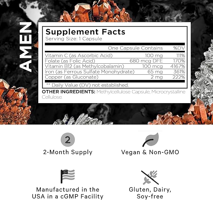 Amen Iron Ultra Supplement + Copper, Folate, Vitamin C and Vitamin B12-2-Month Supply - Ferrous Sulfate Iron Vitamin - Iron 65mg Per Serving - Iron Folic Acid - Non-GMO Iron Pills - 60 Capsules