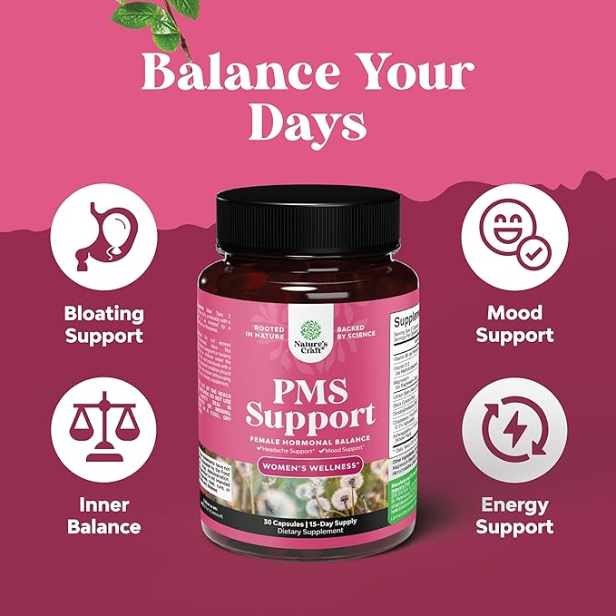PMS Support Supplement for Women – Hormone Balance for Women & Menstrual Ease with DIM, Chasteberry, Black Cohosh & Ashwagandha - for Period Cramps Ease, Menopause Bloating, Mood Swing – 30 Ct