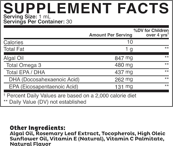 Clarity Kids Super Omega with DHA + EPA Omega 3 for Better Focus & Quality Sleep Algae Oil Omega 3 Liquid (1 mL per Serving) All Natural DHA Drops for Children USA Made Supplement (1 fl oz)