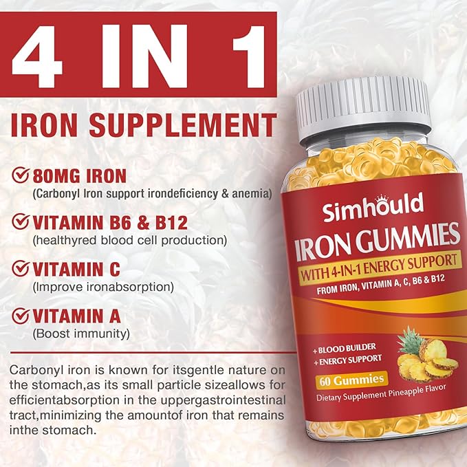 1 Pack Vegan 80MG Iron Supplement Gummies for Women & Men - Vitamin A, C, B for Adults & Kids - Blood & Builder & Energy Support for Iron Deficiency, Anemia - 60 Counts Pineapple Flavor Gummies