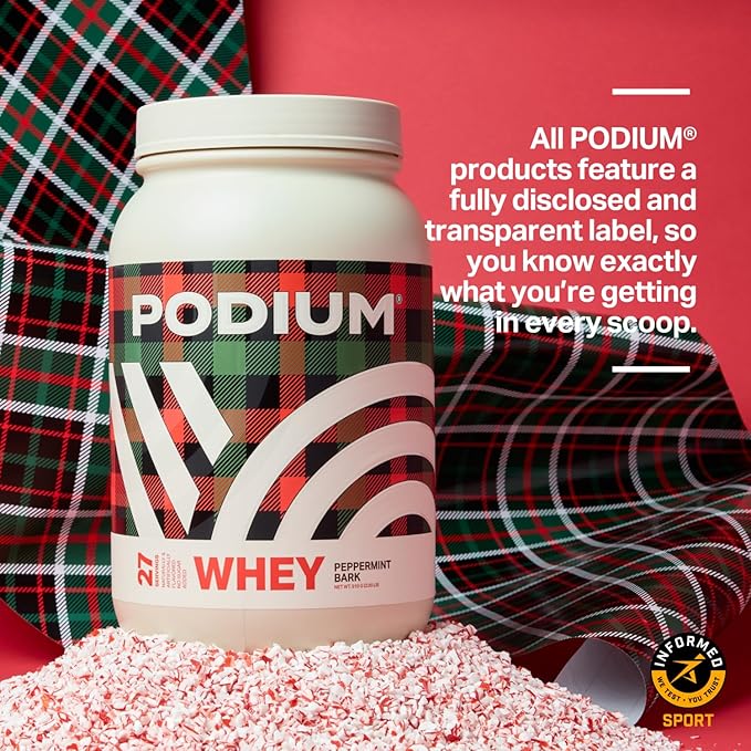 Podium Nutrition Whey Protein Powder, Peppermint Bark, 25g Protein Per Serving with Digestive Enzymes, Whey Protein Isolate & Concentrate, Gluten Free, Low Carb, Low Sugar & Soy Free, 27 Servings
