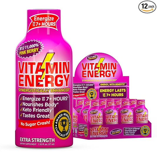 Vitamin Energy B12 11,000% Extra Strength Energy Shot Pink Berry 12 Pack, 260mg Natural Caffeine, B12 & B6, Nootropic Focus, Vitality, Zero Sugar, Gluten-Free, Vegan, Kosher, 1.93 fl oz